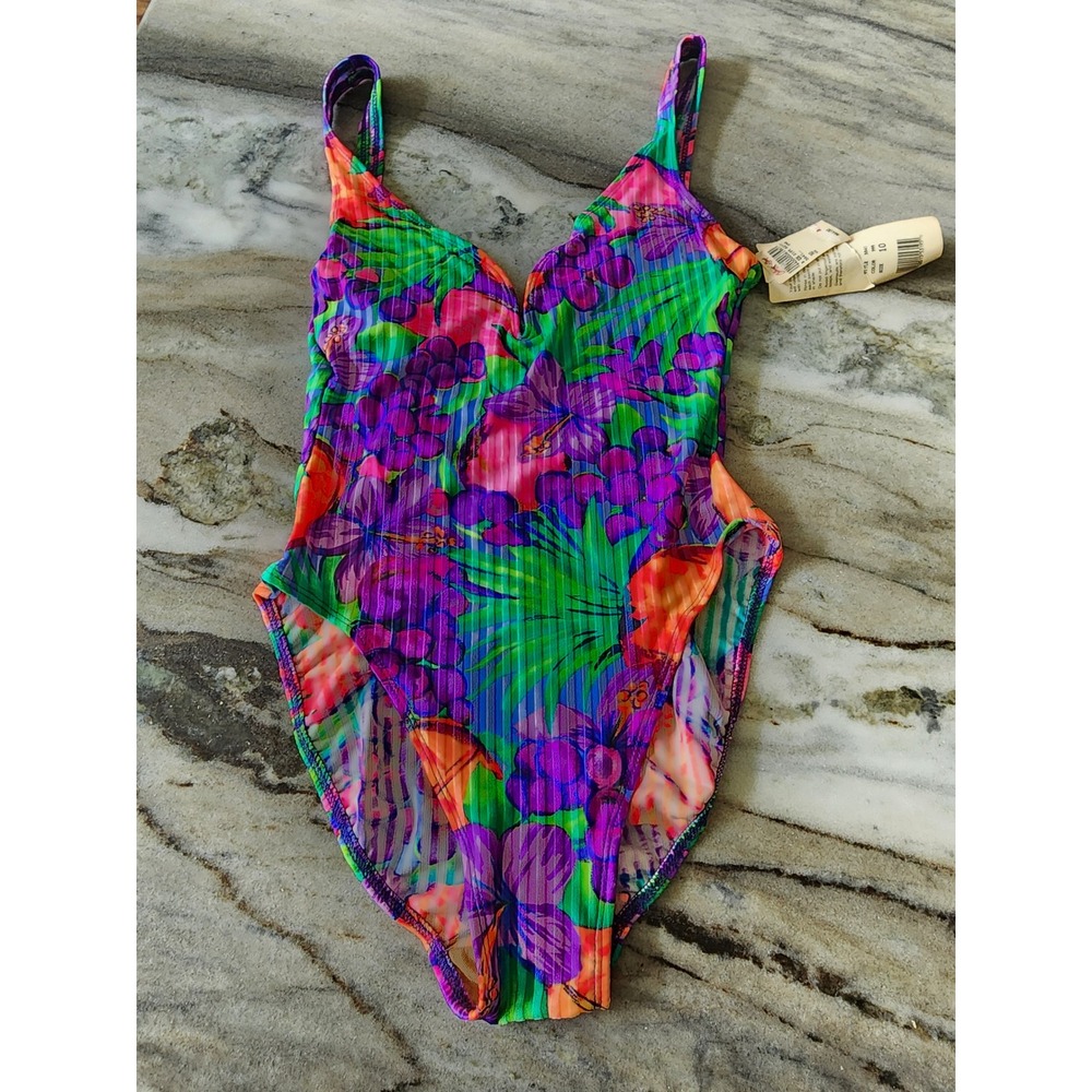 VTG 90s NWT Deadstock Sirena Tropical Floral Ribbed One Piece Swimsuit  USA Made